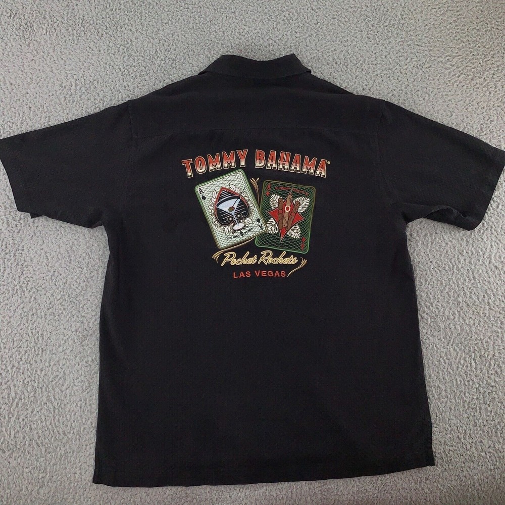 TOMMY BAHAMA Shirt Mens Medium Black Las Vegas Pocket Rockets Silk Embroidered